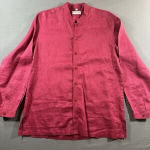 Burlington's Taj Mahal Burgundy Linen Band Collar Button-Up Shirt Men's L